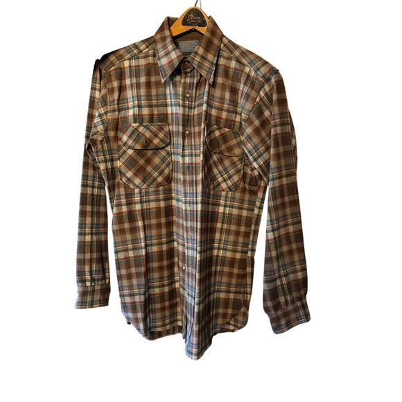 Pendleton Wool Board Shirt Men’s M Plaid Brown Blue 
60s–70s Made in USA - Picture 10 of 10